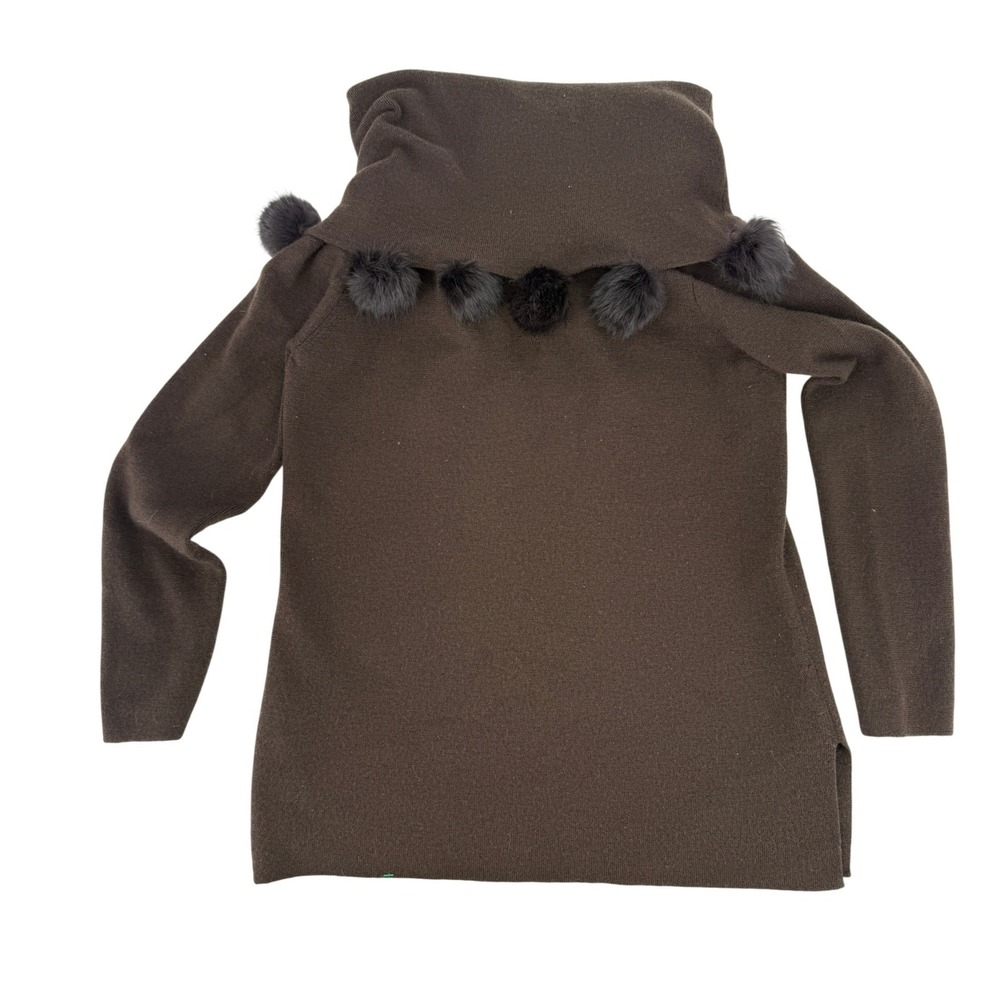 Pursuits Ltd 80s LRG Brown 100% Merino Wool Cowl Neck Rabbit Fur Pompom Sweater
